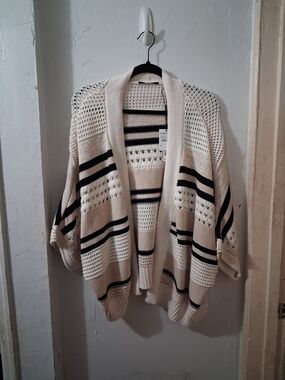 T Tahari Cream and Black Striped Open-Knit Cardigan